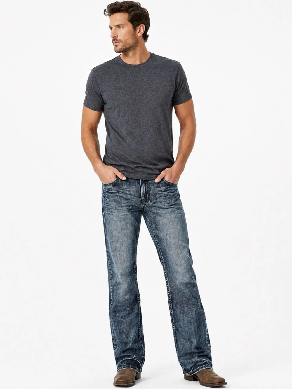 Helix Men’s 36x32 Bootcut Jeans Medium Wash Flap Pocket Whiskered Distressed